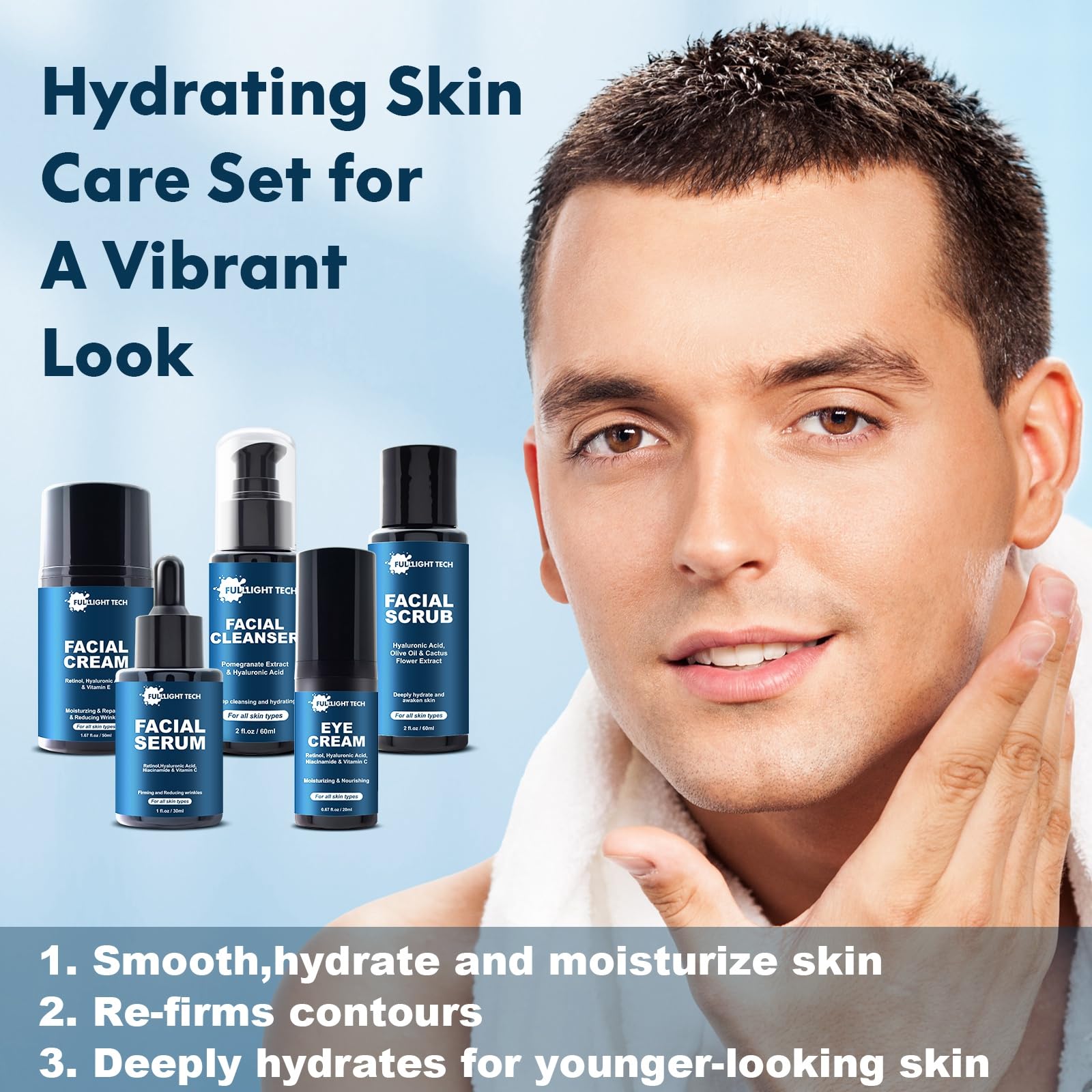 FULLLIGHT TECH- Regalos para hombres, kit de cuidado de la piel antienvejecimiento para hombres, reduce las arrugas e hidrata la piel con limpiador facial, exfoliante, crema
