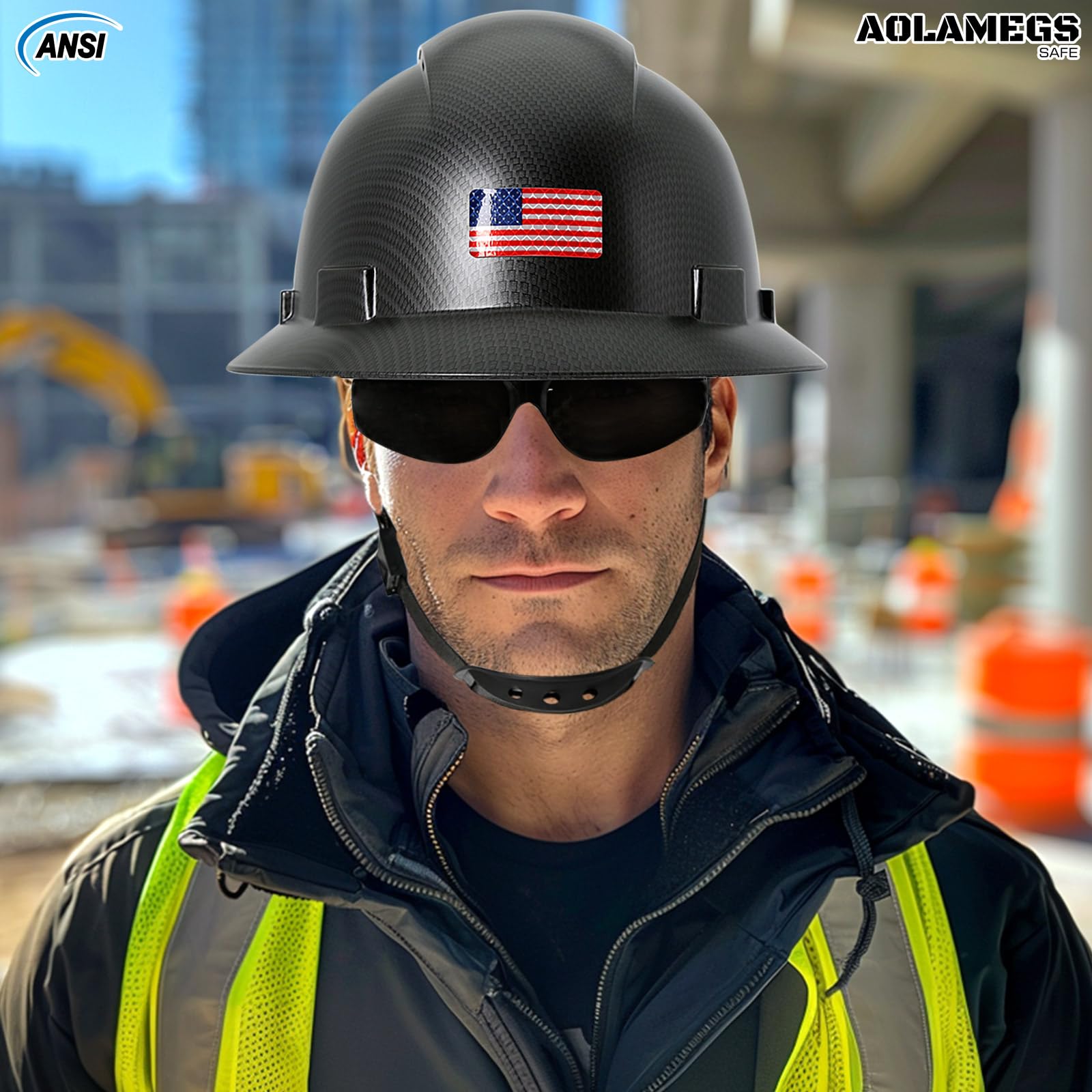 Casco de ala completa de fibra de carbono negro mate con gafas de seguridad y forro para hombres y mujeres, OSHA para construcción, seguridad con correa de barbilla y visera solar, perfil bajo