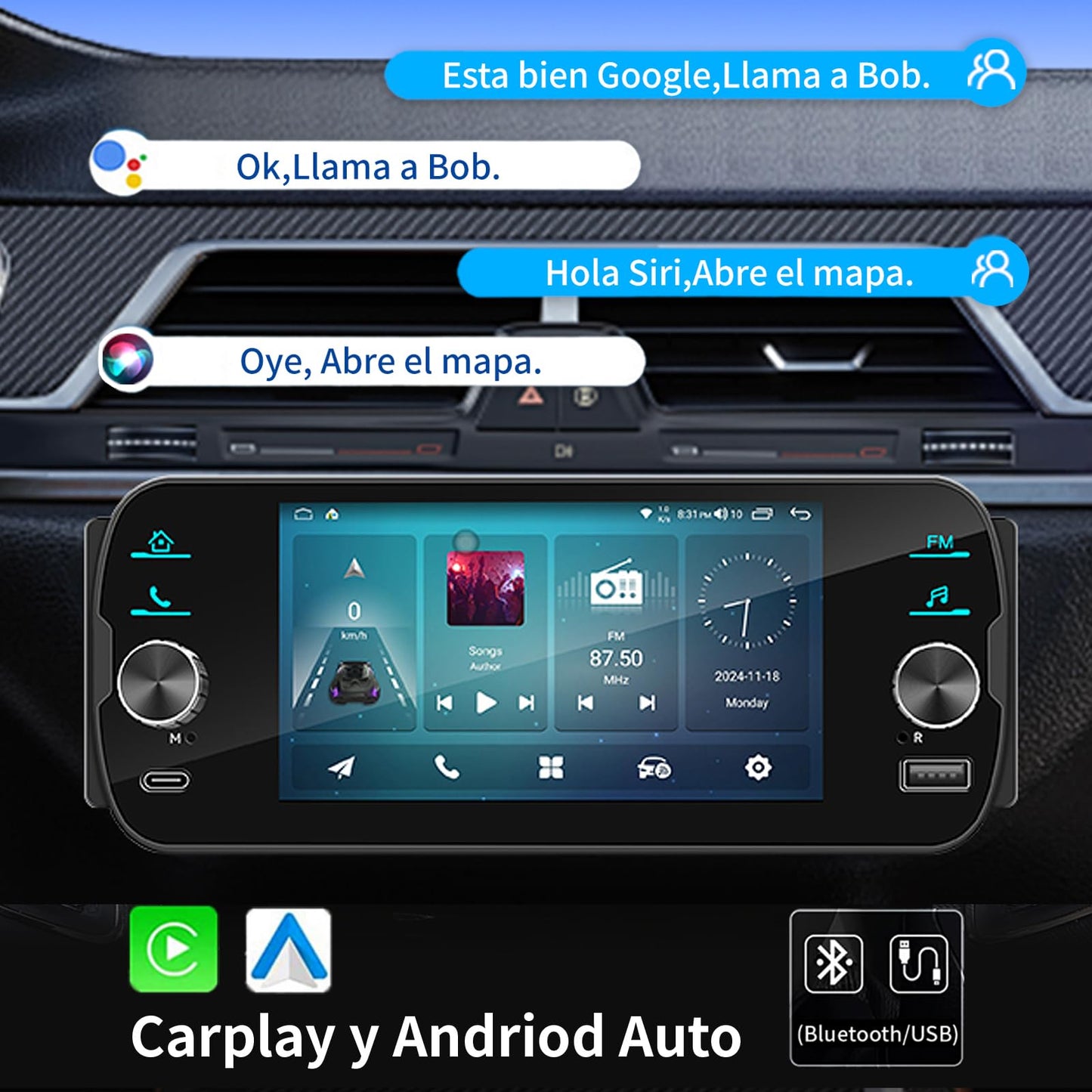 FINYQBET Estéreo de Pantalla para Auto 1 DIN Android 13 con CarPlay & Android Auto Inalámbrico, 2GB RAM + 32GB ROM, GPS, WiFi, Bluetooth 5.1, Radio Am/FM, 5 Pulgadas, Soporte Cámara de Reversa