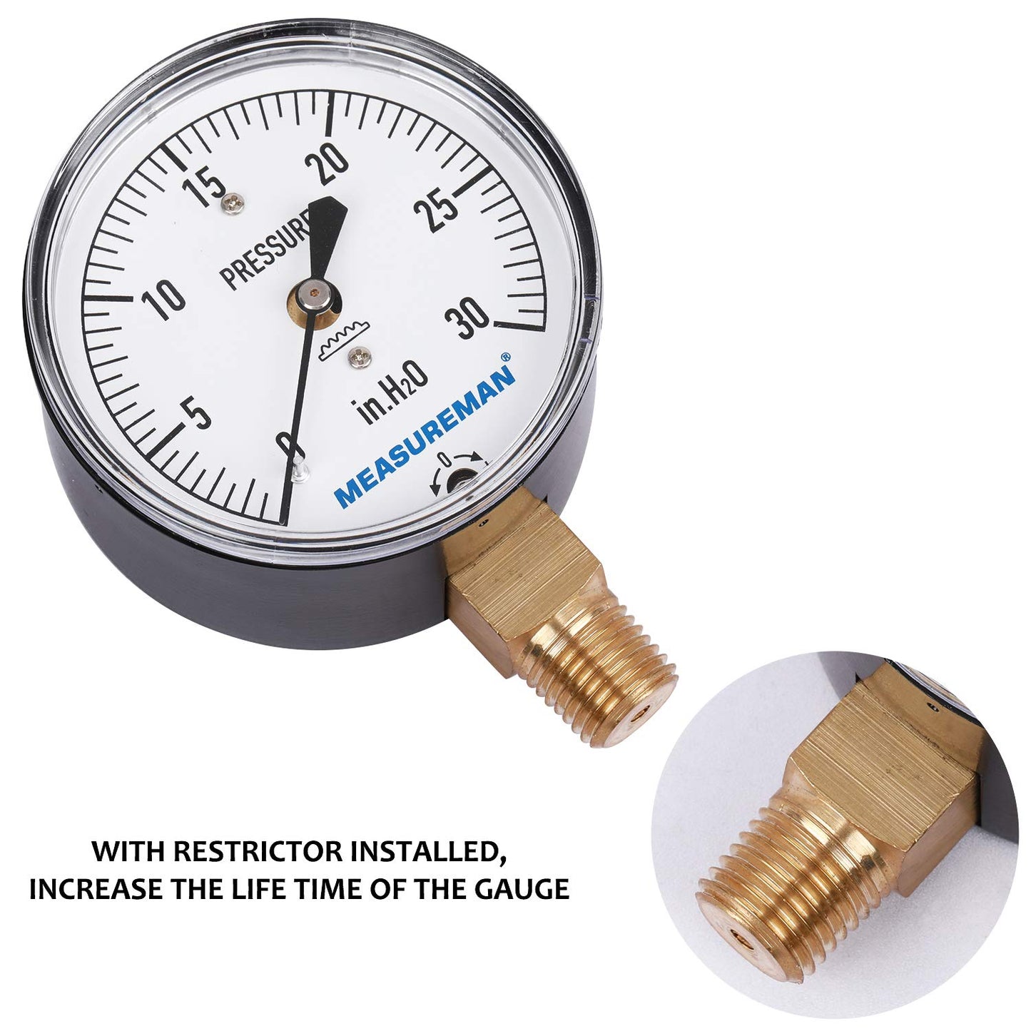 Manómetro de Baja Presión Measureman 2-1/2 Pulgadas Ajustable con Soporte Inferior NPT de 1/4 Pulgadas 0-30 Pulgadas H2O