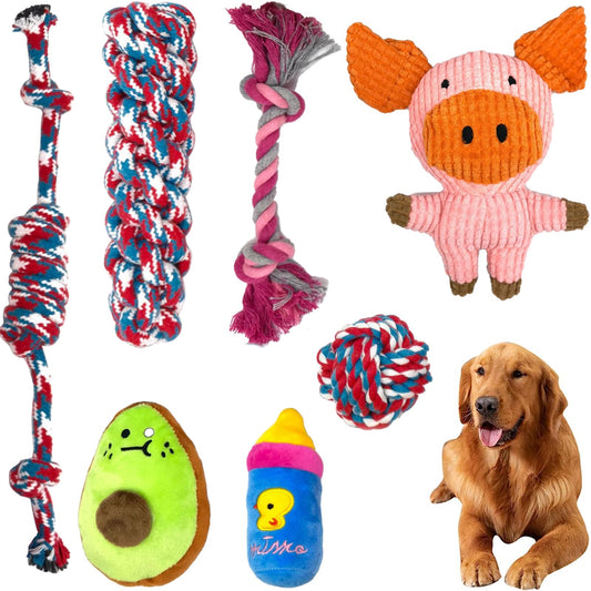 DKJBF Juguete de Cuerda para Masticar Perros,Juguetes para Perro 7 Piezas,Juguetes para Perros chirriadores no tóxicos y Seguros,Juguetes duraderos para la dentición de Cachorros(Cerdito)