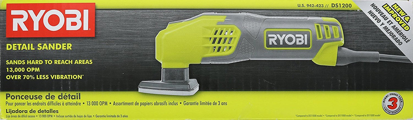Ryobi DS1200 - Lijadora de detalles con cabeza triangular y 5 almohadillas para orejas de lijado con cable DS1200, 13.000 OBM, con cable de 2-7/8 pulgadas
