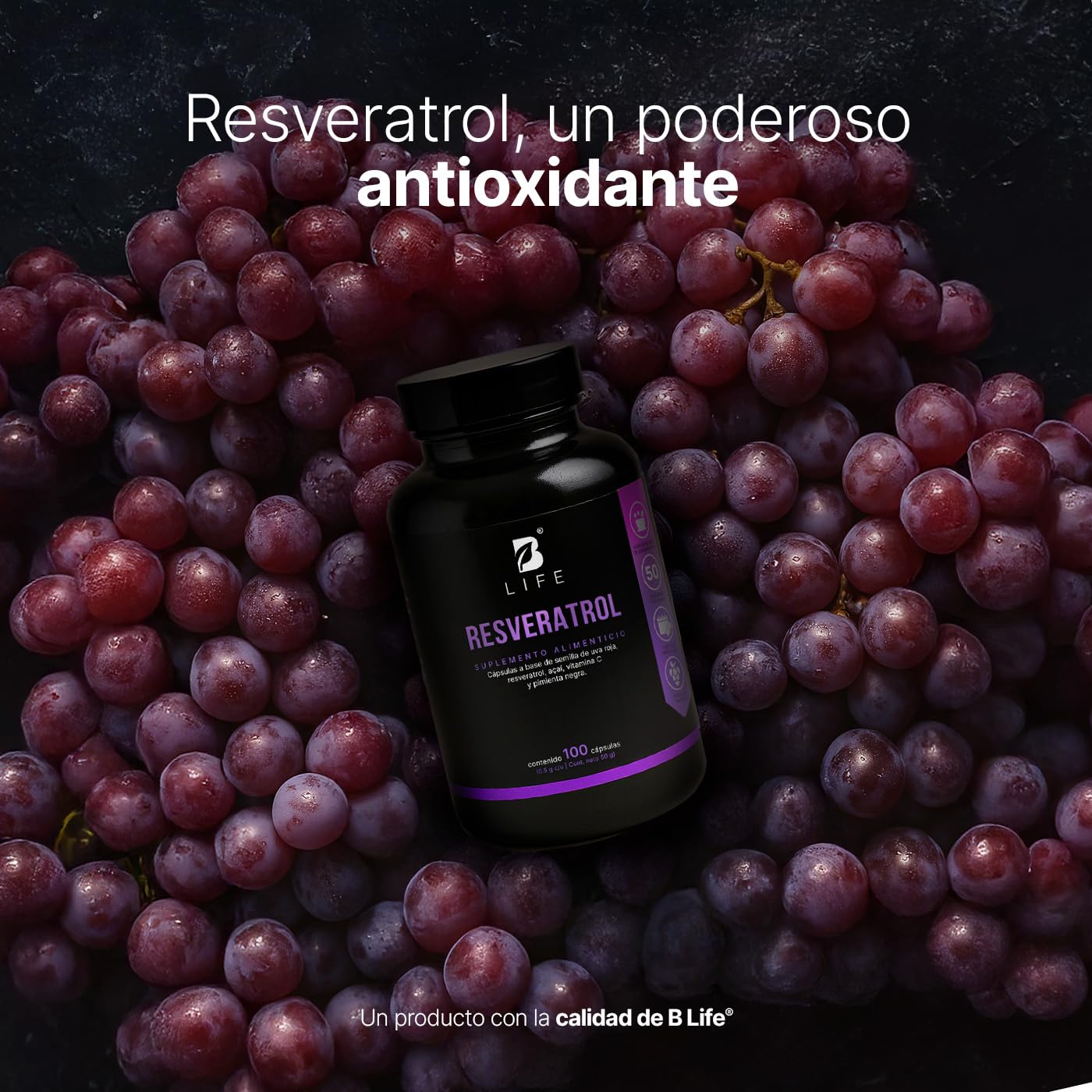 B Life Resveratrol 100 Cápsulas | Antioxidante con Pimienta negra, Uva Roja, Acai y Vitamina C |1000 mg por porción. Ingredientes Naturales.