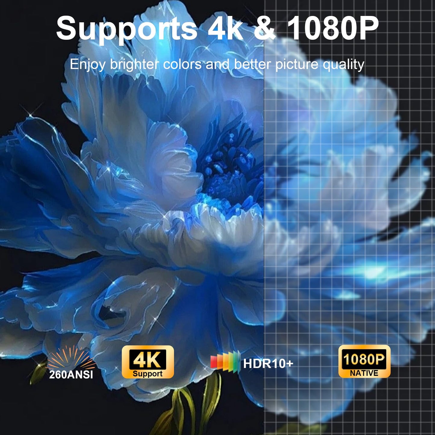 Miniproyector con WiFi y Bluetooth, Compatible con 4K, 260 ANSI lúmenes, proyector portátil Inteligente, corrección Trapezoidal automática, rotación de 135 Grados, proyector de Video para Exteriores