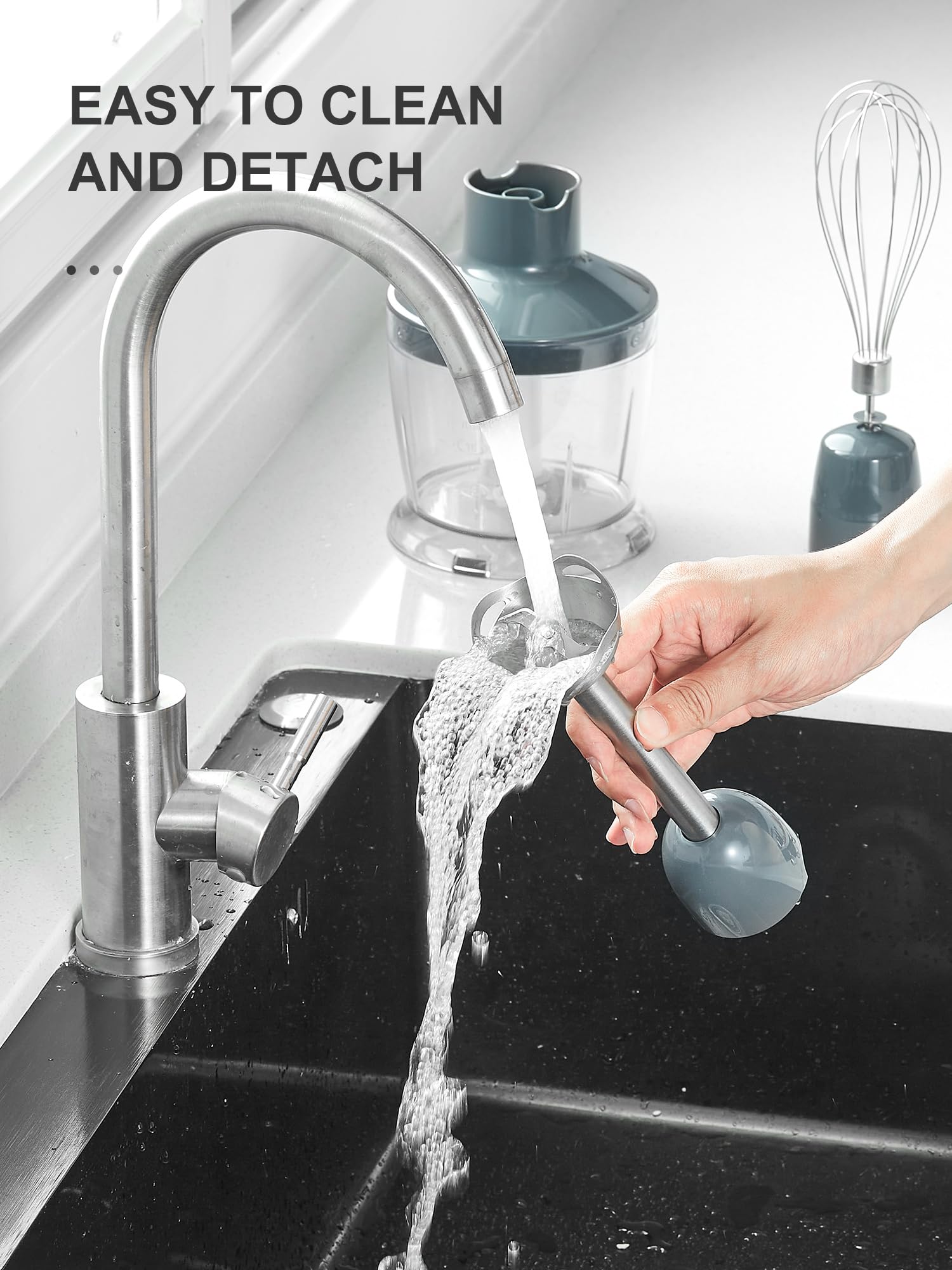 Licuadora de inmersión manual 5 en 1 – Licuadora de mano de 1000 W con motor de cobre, hoja de acero inoxidable, vaso de mezcla, procesador de alimentos, batidor, espumador de leche para batidos, puré