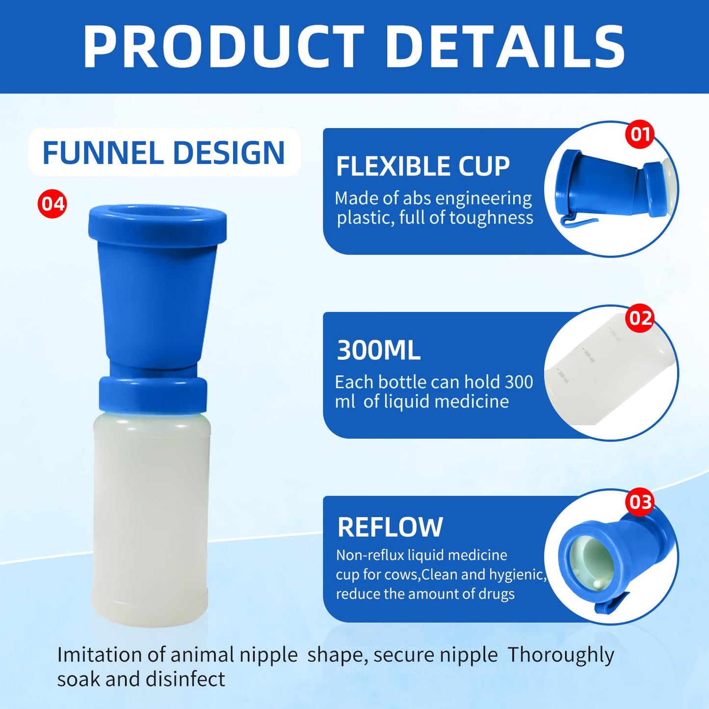 Paquete de 3 tazas de tetina, desinfección de limpieza de pezones sin reflujo, taza de inmersión para vaca, oveja, cabra, tetina sin retorno, 300 ml (azul)