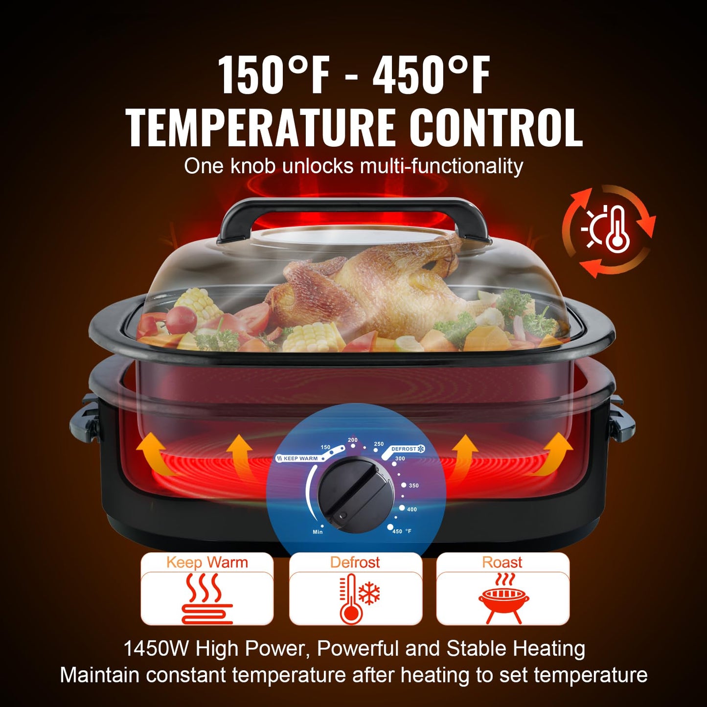 Horno Tostador Eléctrico VEVOR Negro Vidrio Templado 20 Cuartos 1450 W
