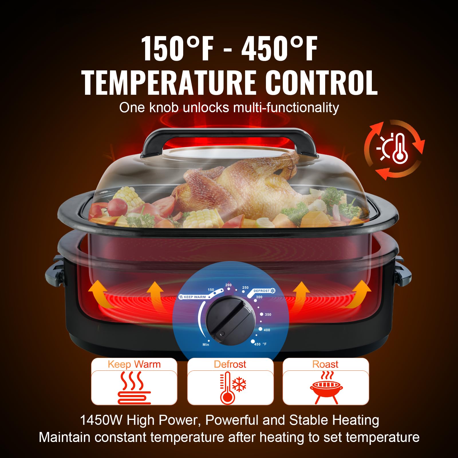 Horno Tostador Eléctrico VEVOR Negro Vidrio Templado 20 Cuartos 1450 W