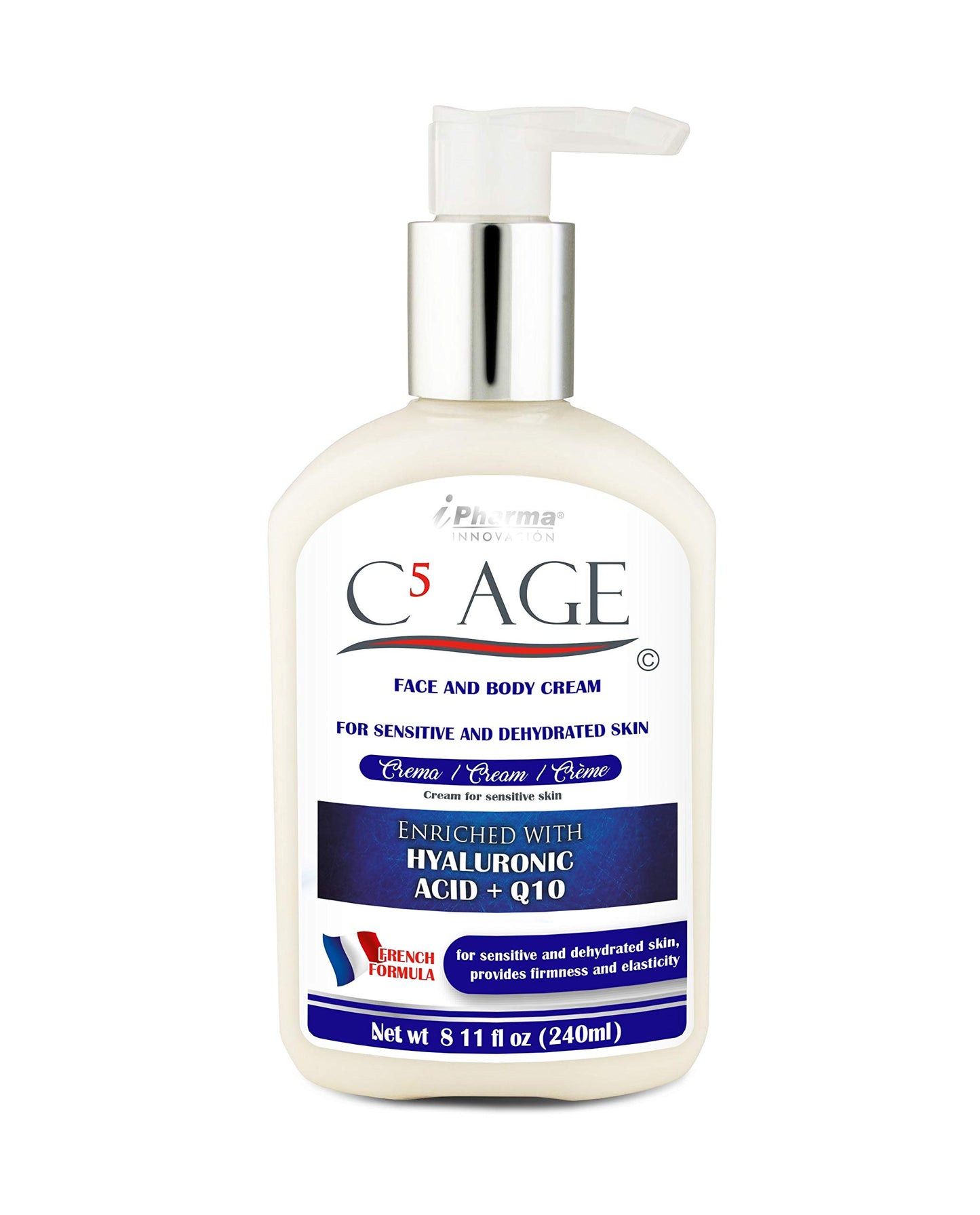 Crema con Péptidos de Colágeno tipo l lll llV Vll y XVll Enriquecida con Ácido Hialurónico, Q10 Colágeno C5 AGE 240 ml