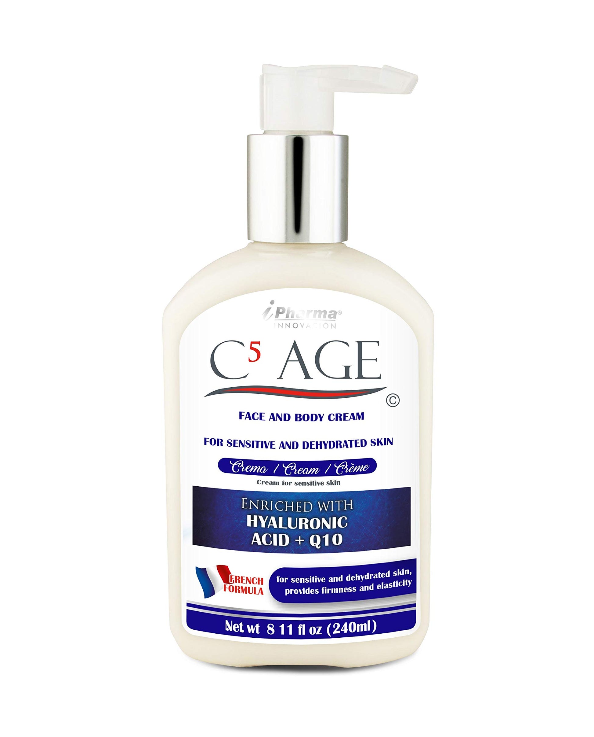 Crema con Péptidos de Colágeno tipo l lll llV Vll y XVll Enriquecida con Ácido Hialurónico, Q10 Colágeno C5 AGE 240 ml