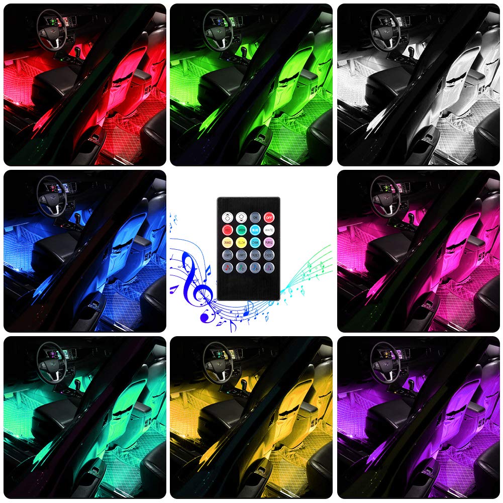 Haofy Luz Interior Coche, 4 Piezas 48 LED Lámpara de Neón Luz de Tira Multicolor Coche de Música, con Función Activa de Sonido y Control Remoto y Puertos USB y Cargador de Automóvil