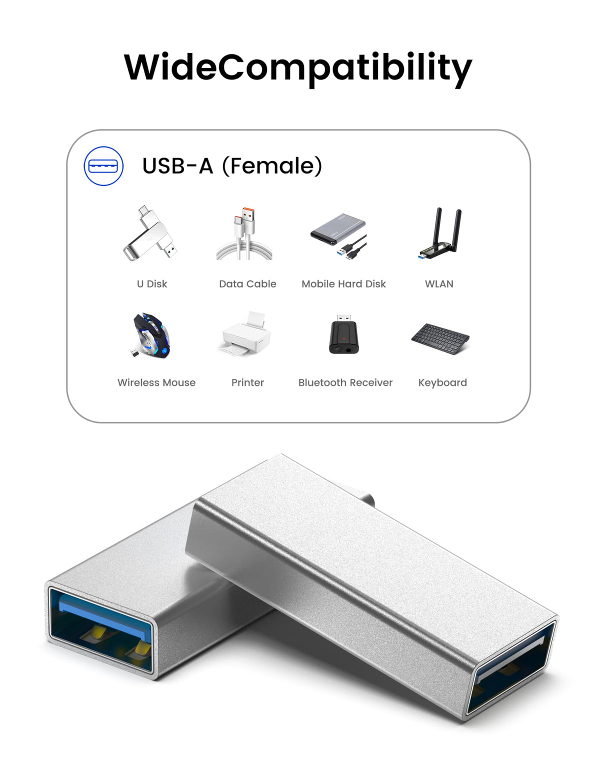 Adaptador USB Hembra a Hembra SuperSpeed 5 Gbps Paquete de 5 Plateado para Extensión de Datos y Carga