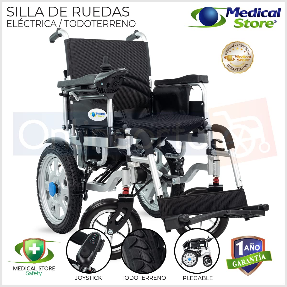Silla de Ruedas Eléctrica Medical Store Negro de Acero Alta Resistencia con Cinturón y Joystick