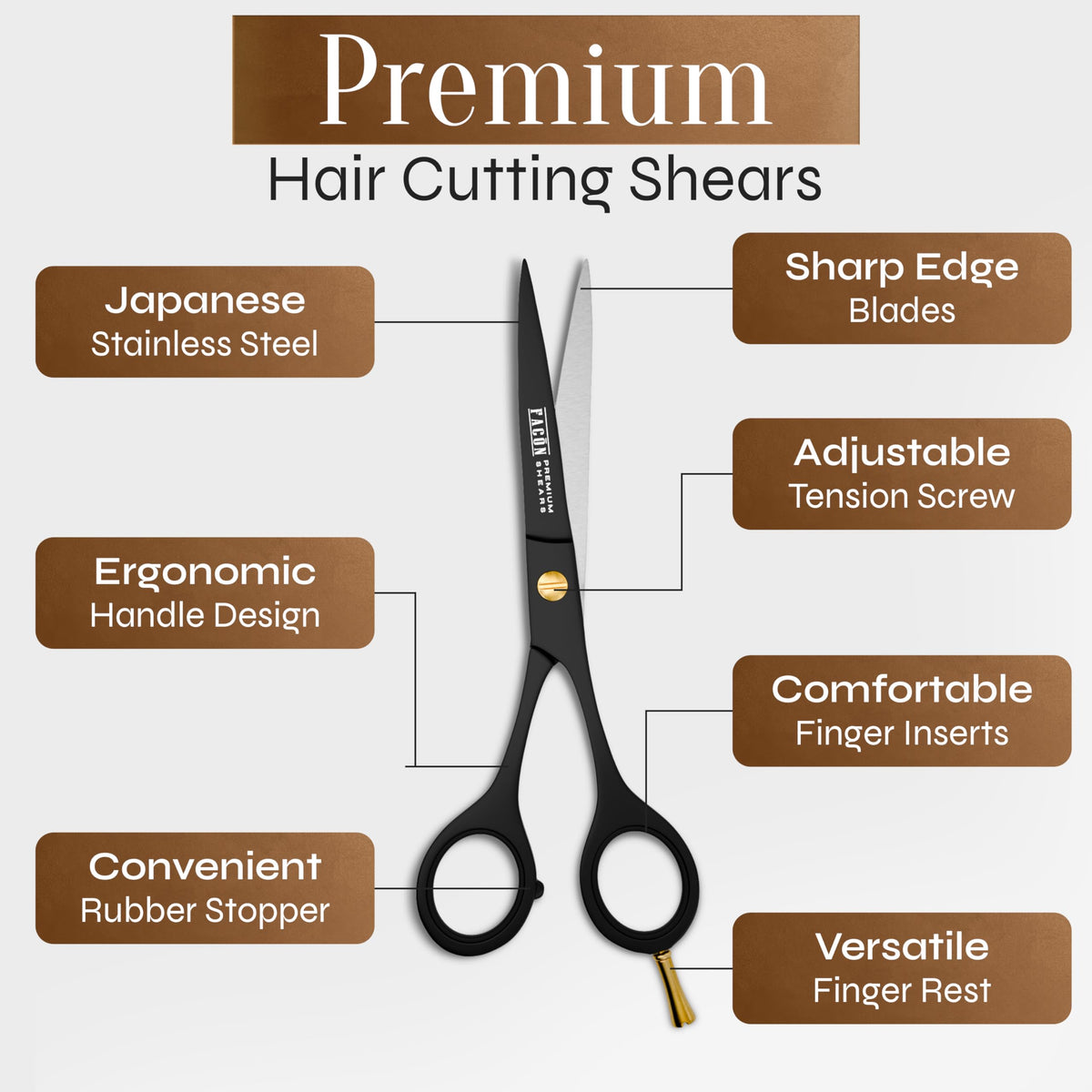 Facón Professional Razor Edge Barber Tijeras de corte de pelo – Acero inoxidable japonés – 16,5 cm de longitud – Tornillo de tensión de ajuste fino – Tijeras premium de calidad de salón (The Bravo)