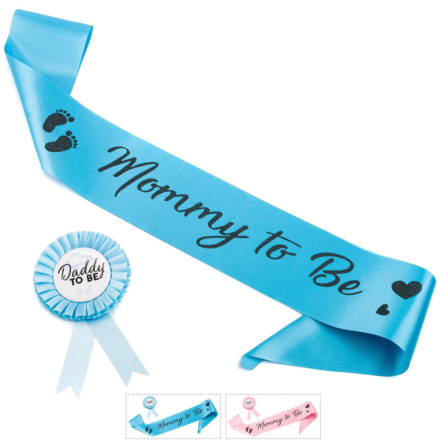 CORRURE Faja de ducha y botón Pin para niño – "Mommy to Be" y "Daddy to Be" Pin con hermosa cinta azul y texto negro con purpurina – Regalo ideal para mamá y papá para revelar el género/baby shower