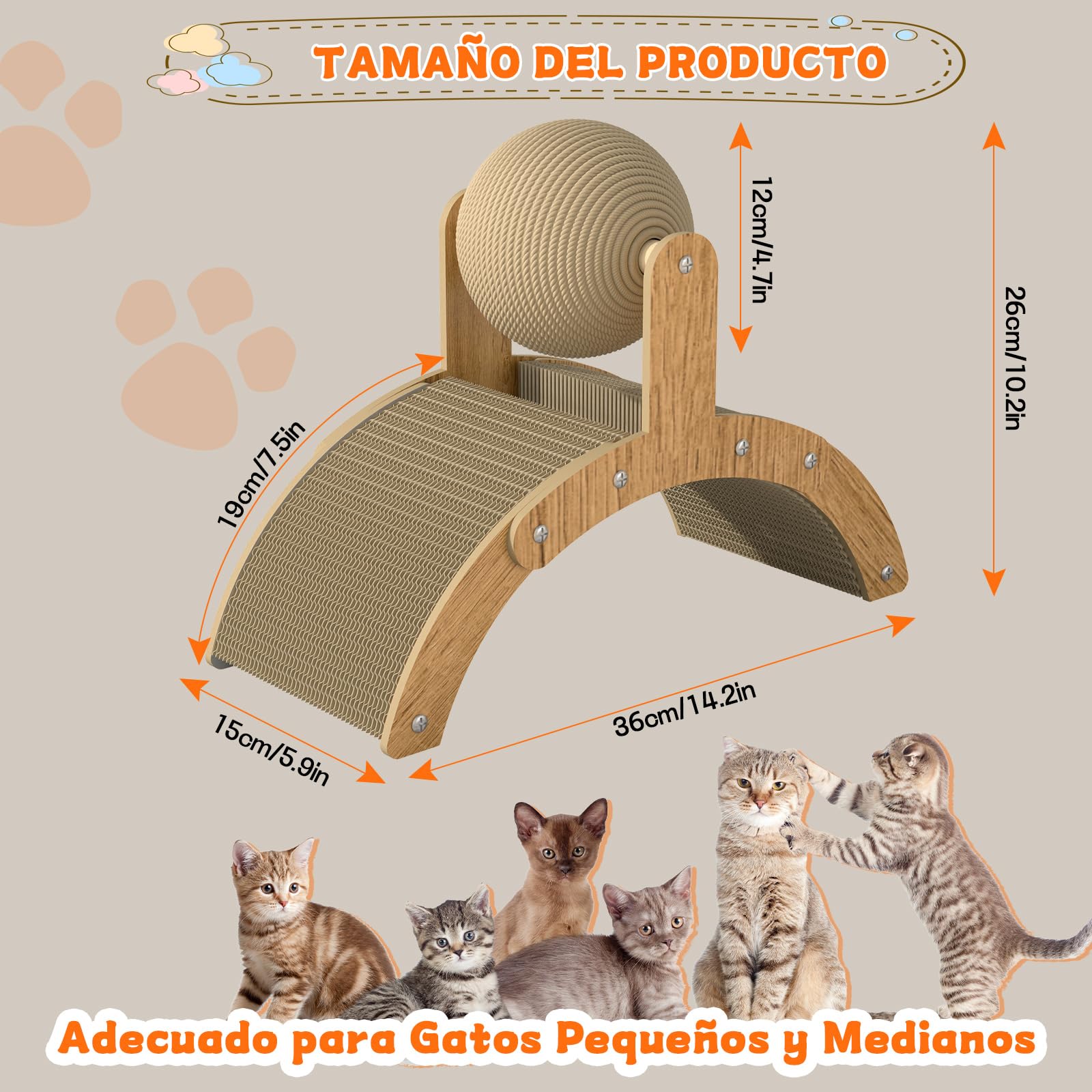 Rascador Kokila beige con Pelota de Sisal de 12cm para Gatos Pequeños y Conejos