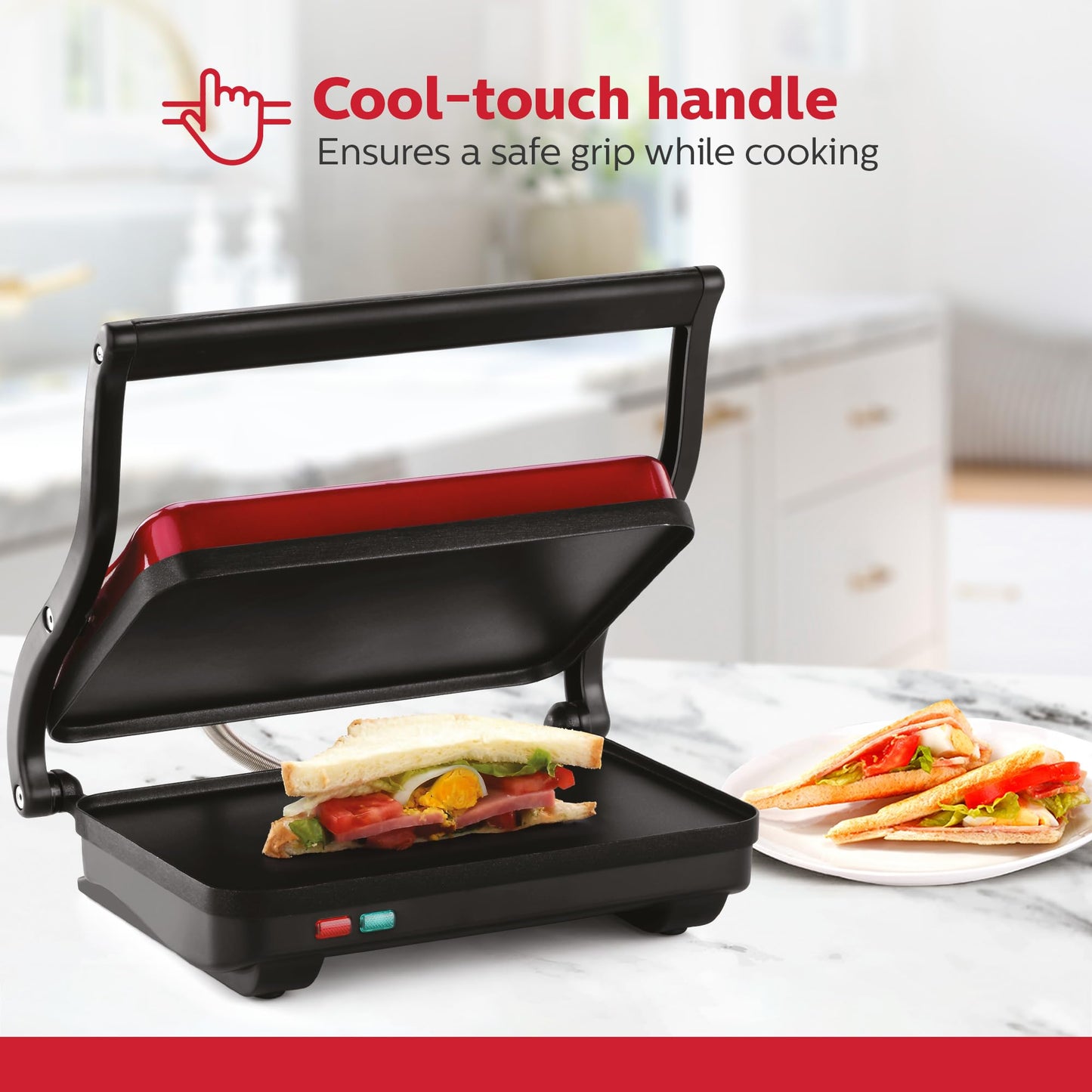 Holstein Housewares - Plancha eléctrica de 2 rebanadas, sandwichera antiadherente con temperatura ajustable, mango de tacto fresco, rojo metálico