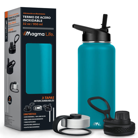 Magma Life Termo para Café y Agua de Acero Inoxidable 32 Oz (950 ml): Contiene 3 Tapas para Diferentes tipos de Bebidas, Ideal para Mantener la Temperatura Deseada (Capri Blue)