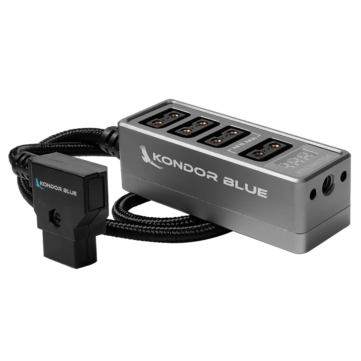 KONDOR BLUE | Divisor de concentrador de alimentación D-Tap de 12 V con voltímetro, 4 vías, roscas de 1/4-20, puntos de localización antirtorsión, montaje de múltiples agujeros, distribución de
