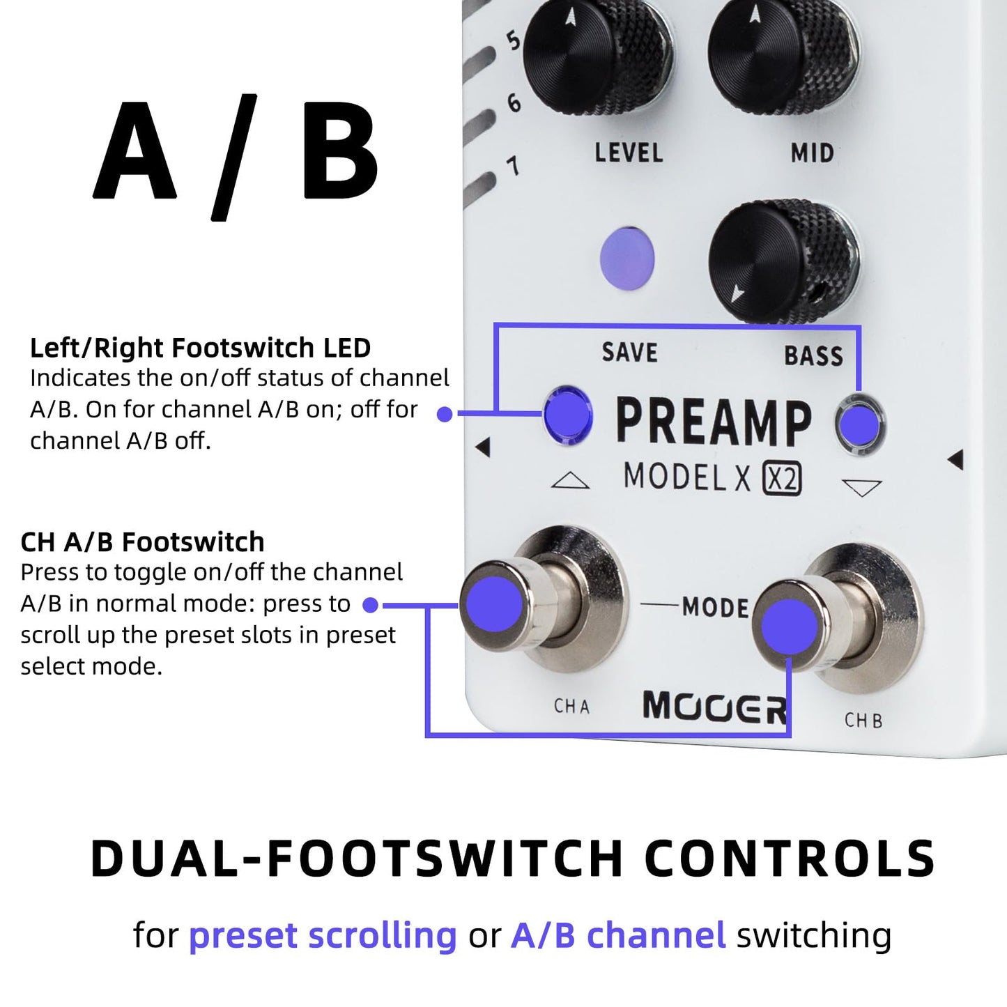 Pedal de Preamplificador MOOER Preamp Model X Negro con Doble Canal y 14 Ranuras Preestablecidas para Hombre