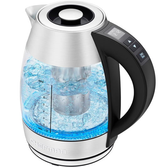 Chefman Hervidor de vidrio eléctrico digital de 1,8 l + con ebullición rápida y 7 preajustes para temperatura precisa, infusor de té de acero inoxidable incluido, control digital avanzado