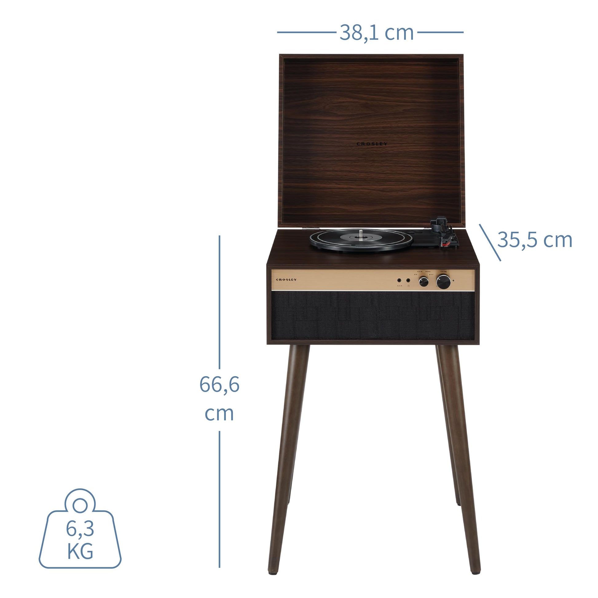 Crosley CR6236A-WA Jasper - Tocadiscos de Vinilo Bluetooth de 3 velocidades con Altavoces Integrados y Patas Desmontables, Color Nogal