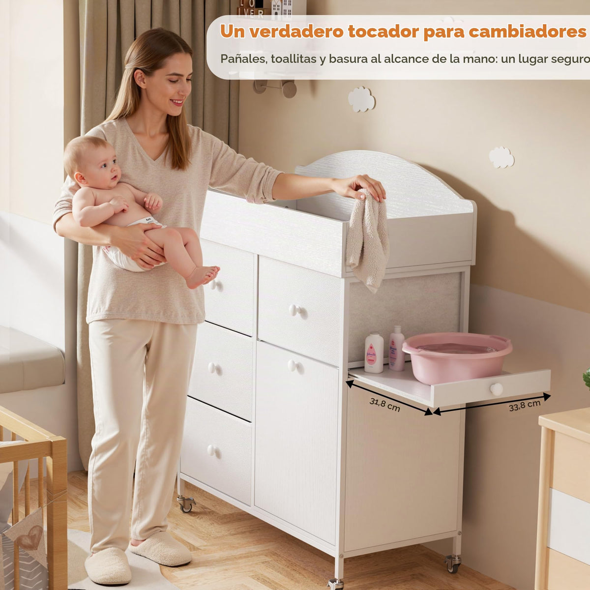 DTK - Cómoda para bebé con superficie cambiadora, cómoda cambiadora de 4 cajones con gabinete de basura inclinable y estante extraíble, estación cambiadora de pañales con almohadilla impermeable y