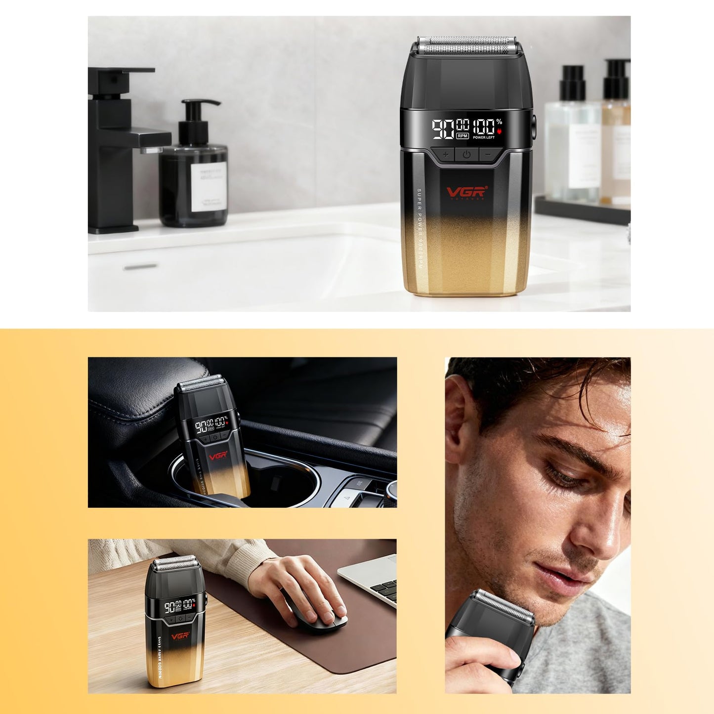 VGR 308 - Afeitadoras eléctricas para hombres, afeitadora profesional de doble lámina de 9000 RPM con láminas de titanio, pantalla LED, maquinilla de afeitar eléctrica recargable por USB para hombre