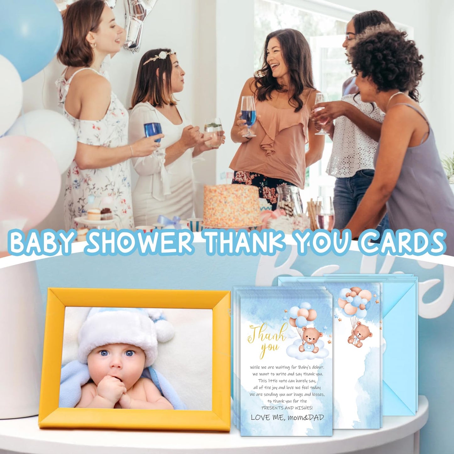 BYBOUS - Paquete de 50 tarjetas de agradecimiento para baby shower, color azul