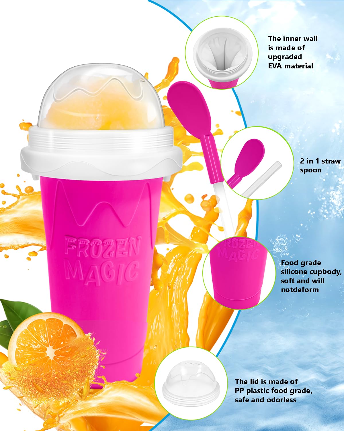 Vaso para granizados, vasos mágicos para hacer granizados, vaso portátil para jugos, leche y helado, de sílice de doble capa con tapa y pajita para niños, amigos y familiares (rosa)