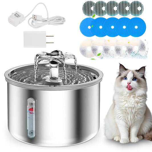 Fuente de agua para gato, Bebedero para gato de acero inoxidable 304, 5 filtros para fuente de gatos, bebedero para perro y gato para de 2L,Súper silenciosa,Mantén limpia el agua potable de tu mascota