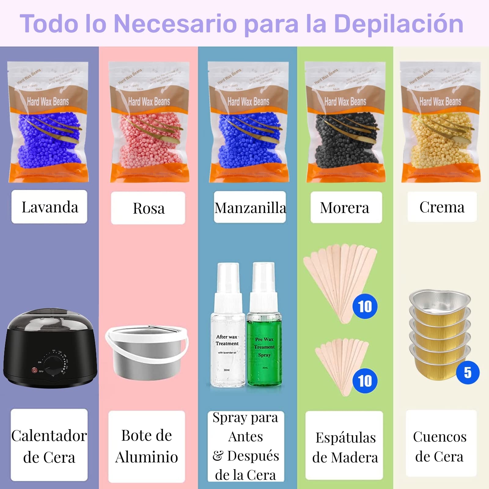 Cera para Depilar, Cera Depiladora con 500g Perlas de Cera Dura, Kit Cera Española para Depilar para Cejas | Bikini, Piernas, Axilas y Más, Calentador de Cera Eléctrico para Depilación con 20 Espátulas y 2 Frascos de Spray Tratante(Negro)
