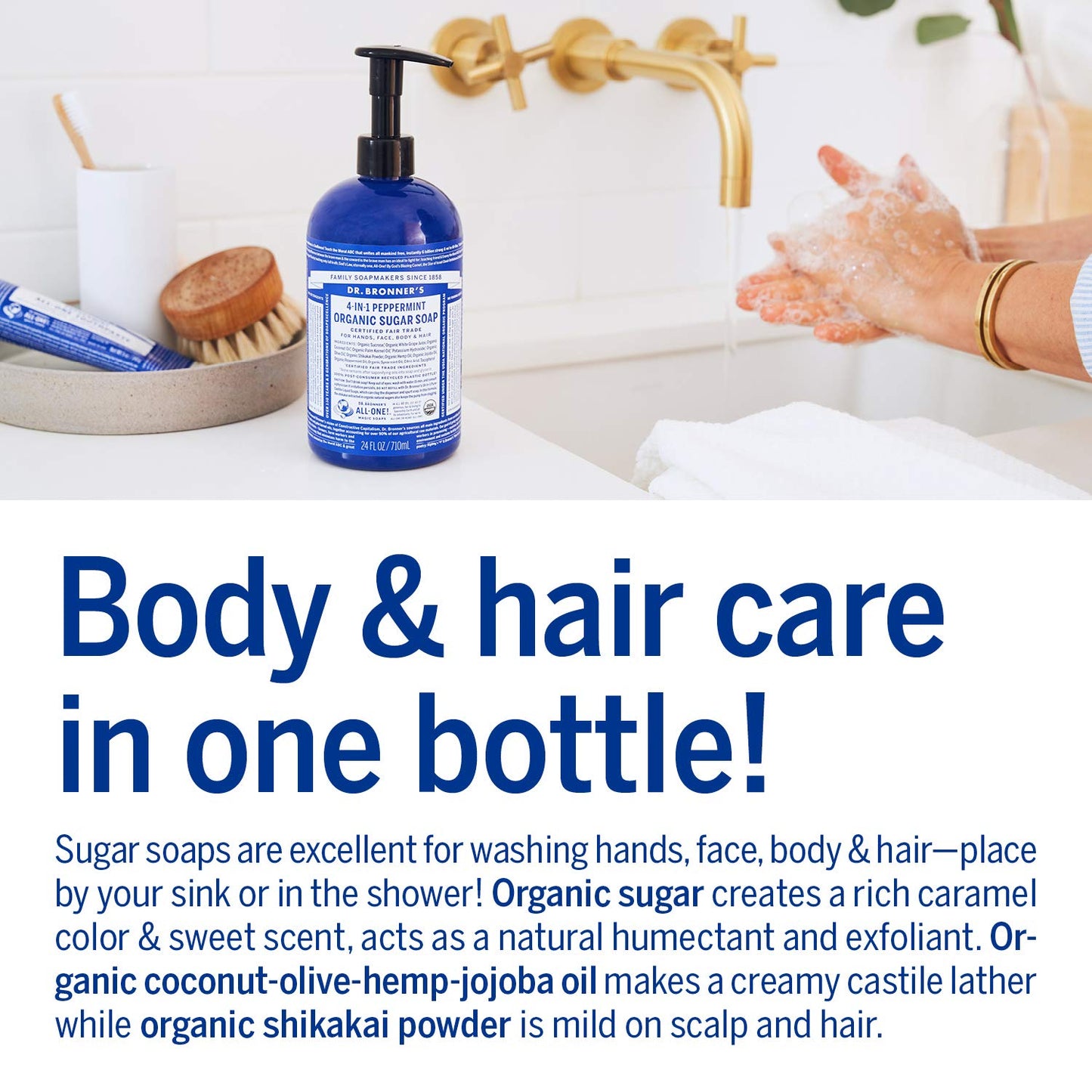 Dr. Bronner's | Set de Regalo Orgánico de Menta con Jabón de Azúcar de 355 ml, Jabón Líquido de Castilla de 240 ml, Crema corporal de 240 ml y Jabón en Barra de Castilla de 140 g