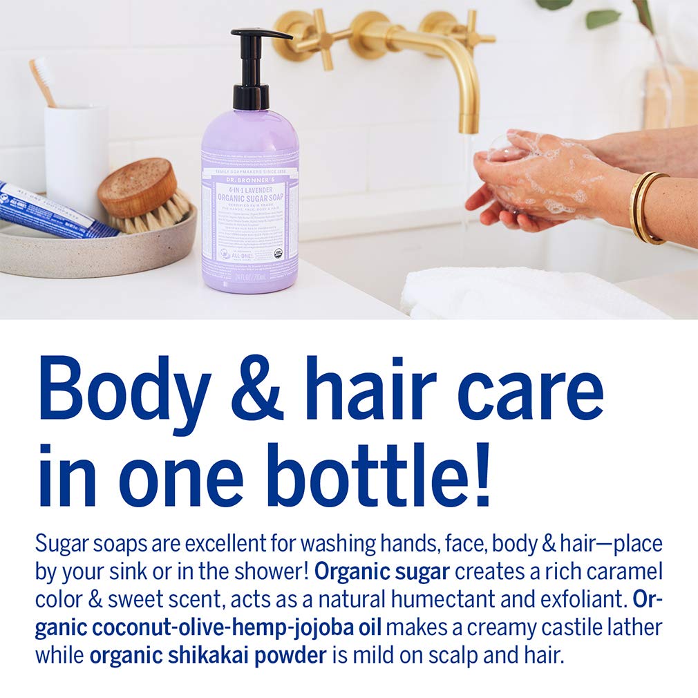 Dr. Bronner's | Jabón líquido de azúcar orgánico, hidratante y nutritivo, para manos, cuerpo, rostro y cabello; certificado vegano - Lavanda, 710 ml