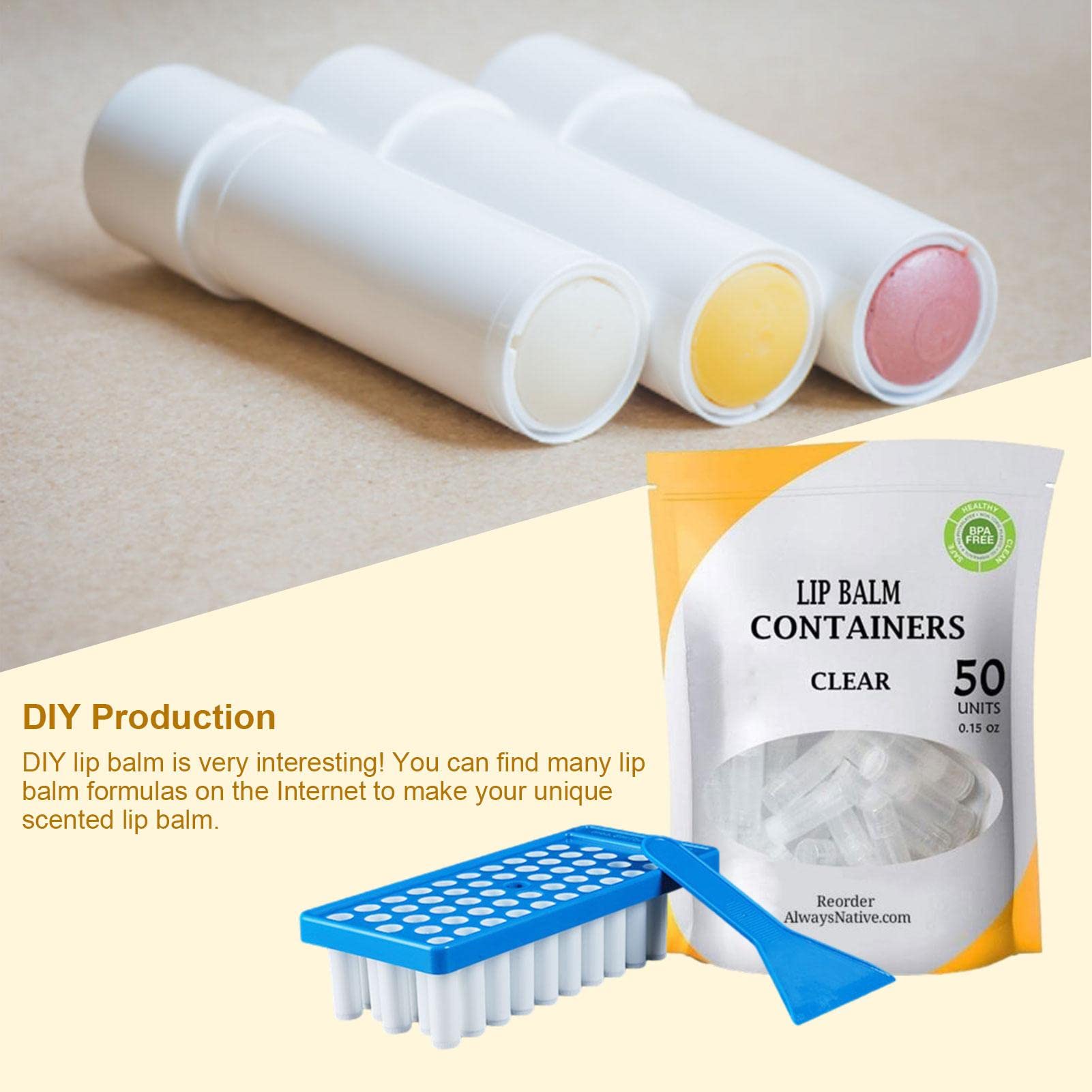 Greatideal bálsamo Labial, Kit Bandeja contenedor bálsamo Labial con Bandeja Relleno y espátula, 50 Piezas lápices labiales vacíos, llenado, molhecho a Mano, Paleta con raspad