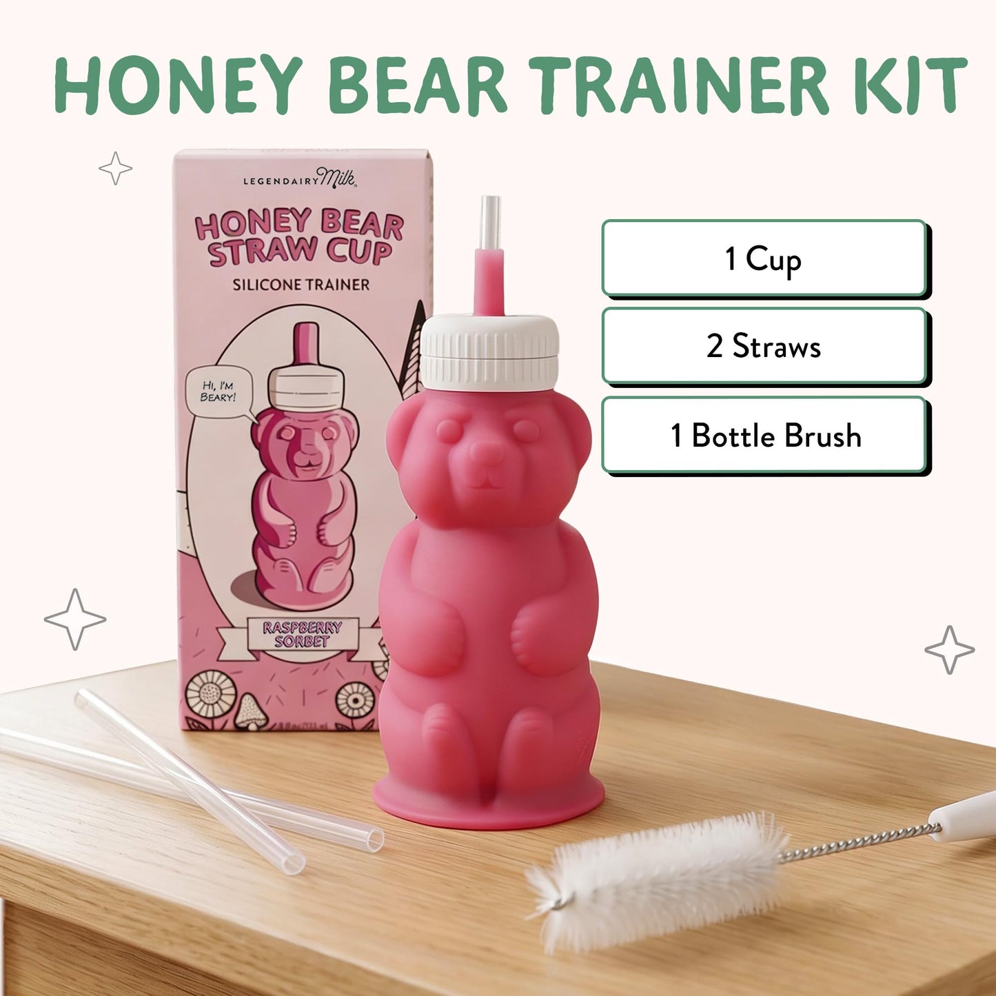 Legendairy Milk Vaso de silicona con pajita Honey Bear para bebés (verde/frambuesa), 225 g. Apto para lavavajillas, silicona de grado alimenticio, vaso para bebés Honeybear para niños de 4 años en ade