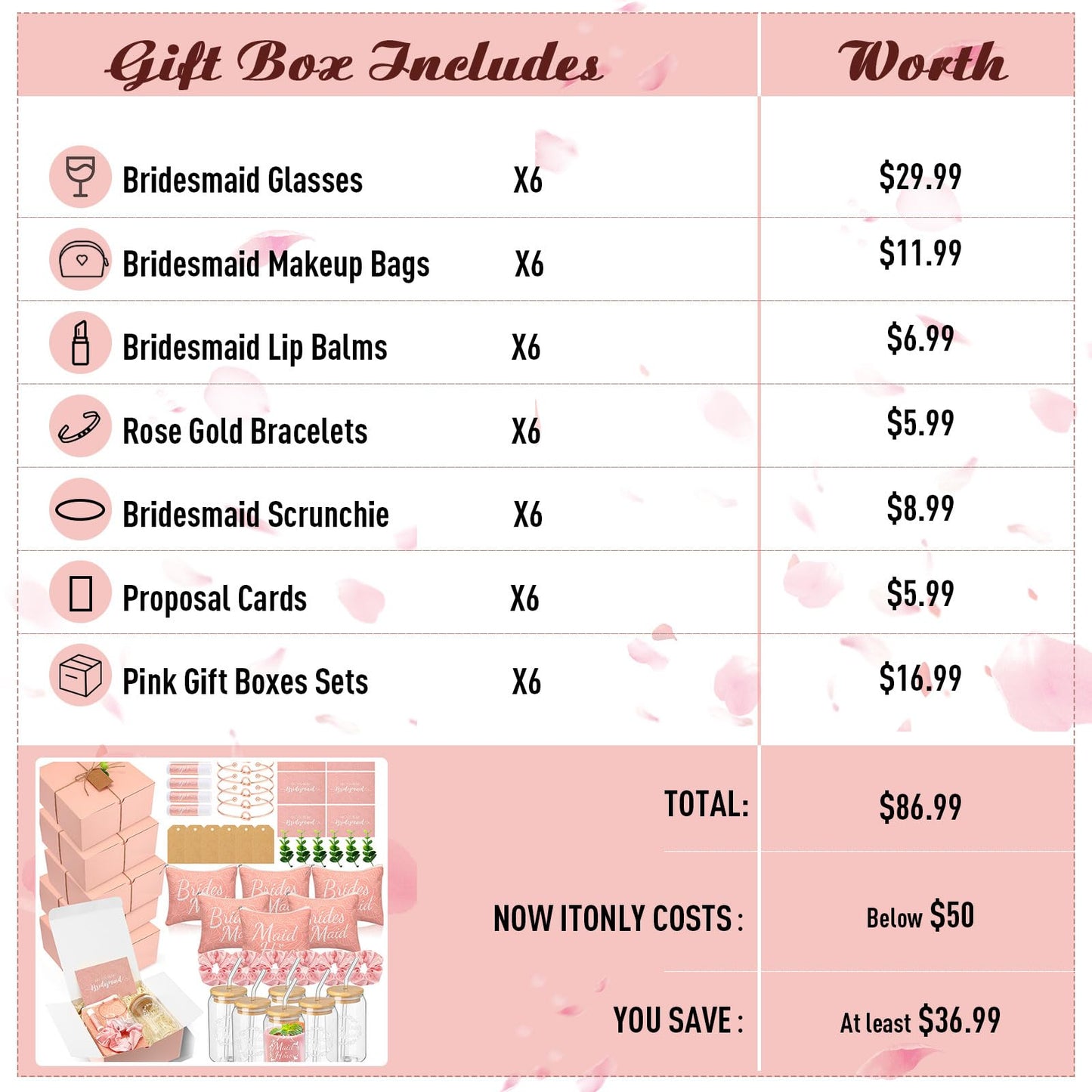 FillTouch - 42 piezas de regalo para dama de honor, regalos de despedida de soltera, incluye caja de regalo, vasos de vidrio, bolsas de maquillaje para cosméticos, tarjetas invitadas, bálsamo labial,