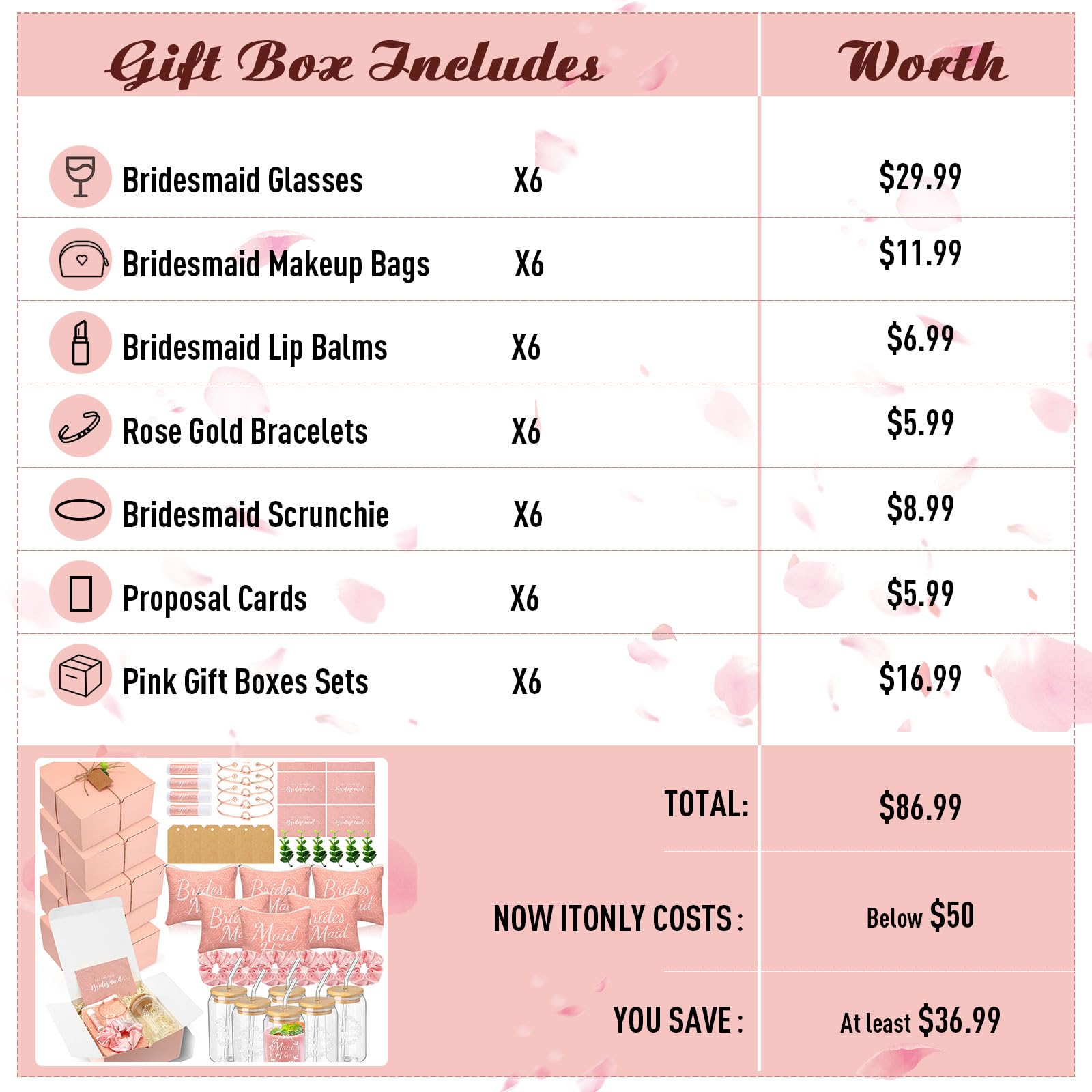 FillTouch - 42 piezas de regalo para dama de honor, regalos de despedida de soltera, incluye caja de regalo, vasos de vidrio, bolsas de maquillaje para cosméticos, tarjetas invitadas, bálsamo labial,