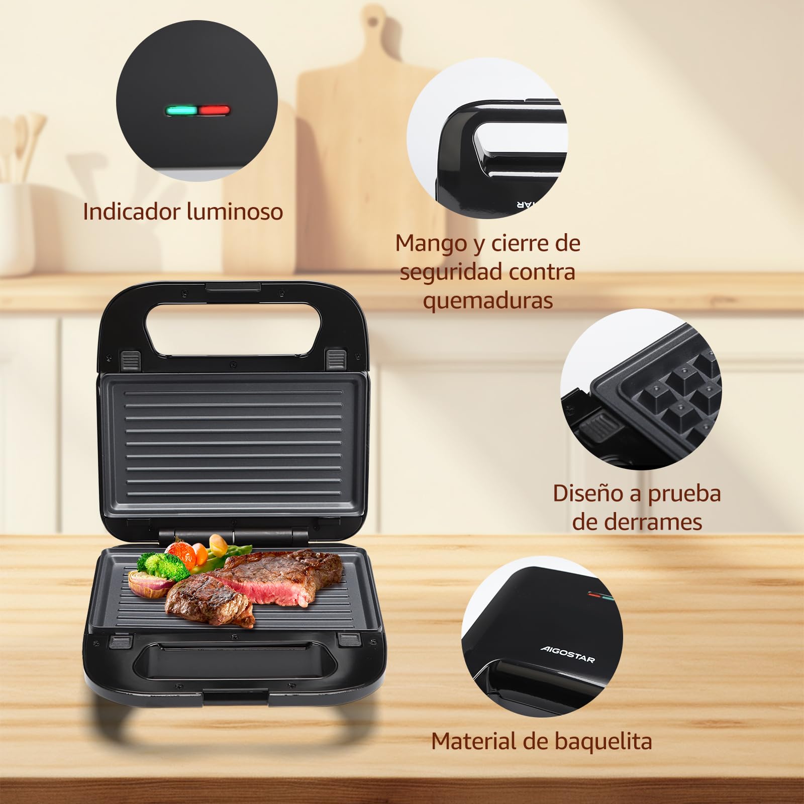 Aigostar Sandwichera Electrica 4 en 1, prensa de panini de doble cara, Recubrimiento Antiadherente, Con luz indicadora y fácil de limpiar, Termostato.