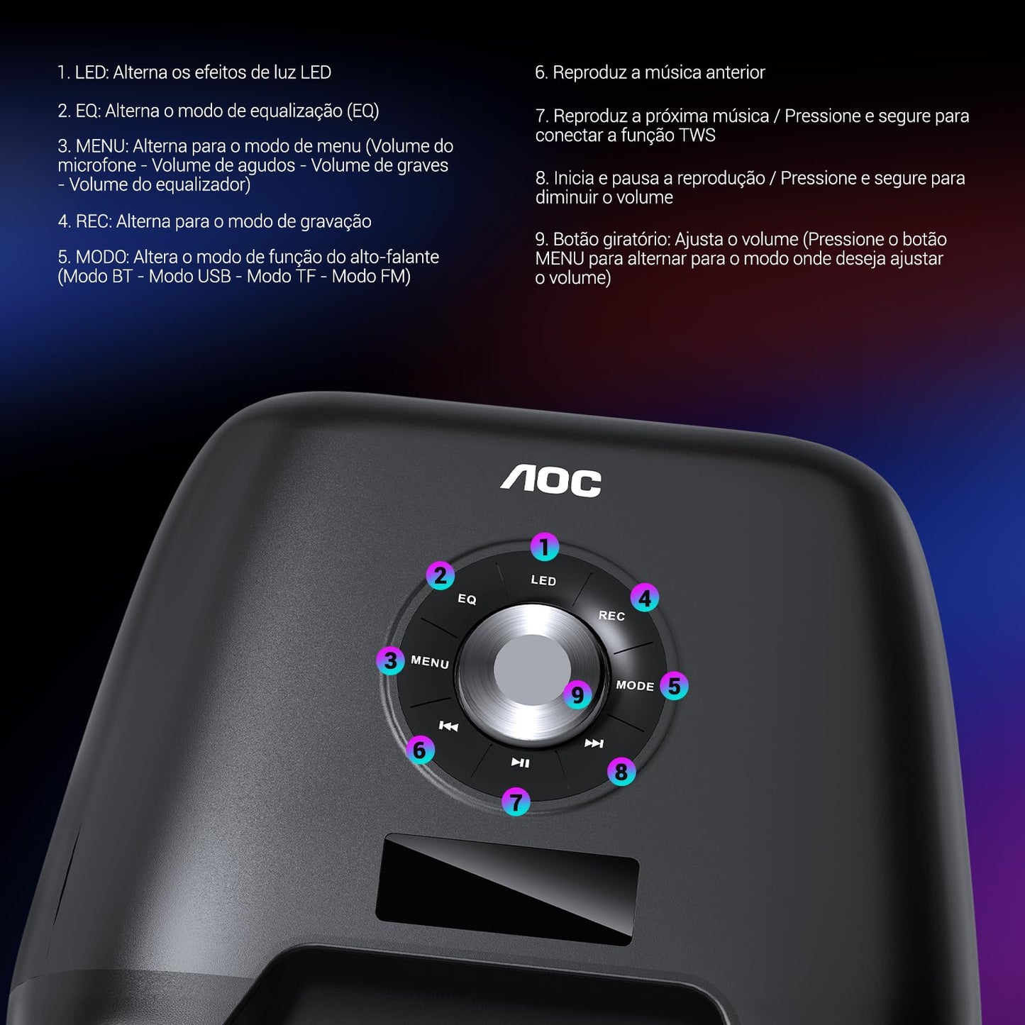 AOC ACS3221 Altavoz inalámbrico para Fiestas en Interiores y Exteriores de 55 cm con subwoofer 3600mAh 50W, Altavoz Amplificador RGB Recargable Profesional, Fiesta USB/TF/AUX/Mic/TWS/FM/BT