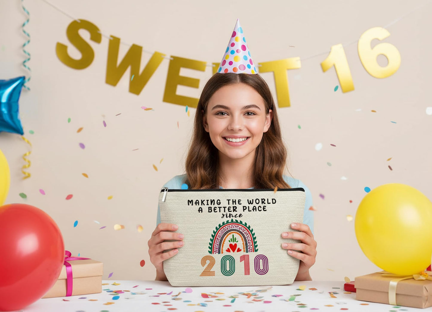 DMZIY Sweet 16 regalos para niñas bolsas de maquillaje, decoraciones de feliz cumpleaños 2010 para adolescentes, ideas de regalo de 16 años para hija, hermana, nieta, sobrinas, pequeña bolsa de viaje