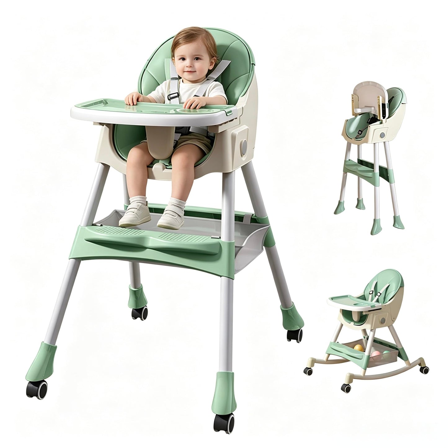SLNXA Silla Alta para Bebé Multifuncional: Sillón y Mecedora en Uno con Ruedas Universales, Plato Llano Doble Extraíble, Cesta de Almacenamiento y Cojín de PU, Ajustable Plegable (Verde)