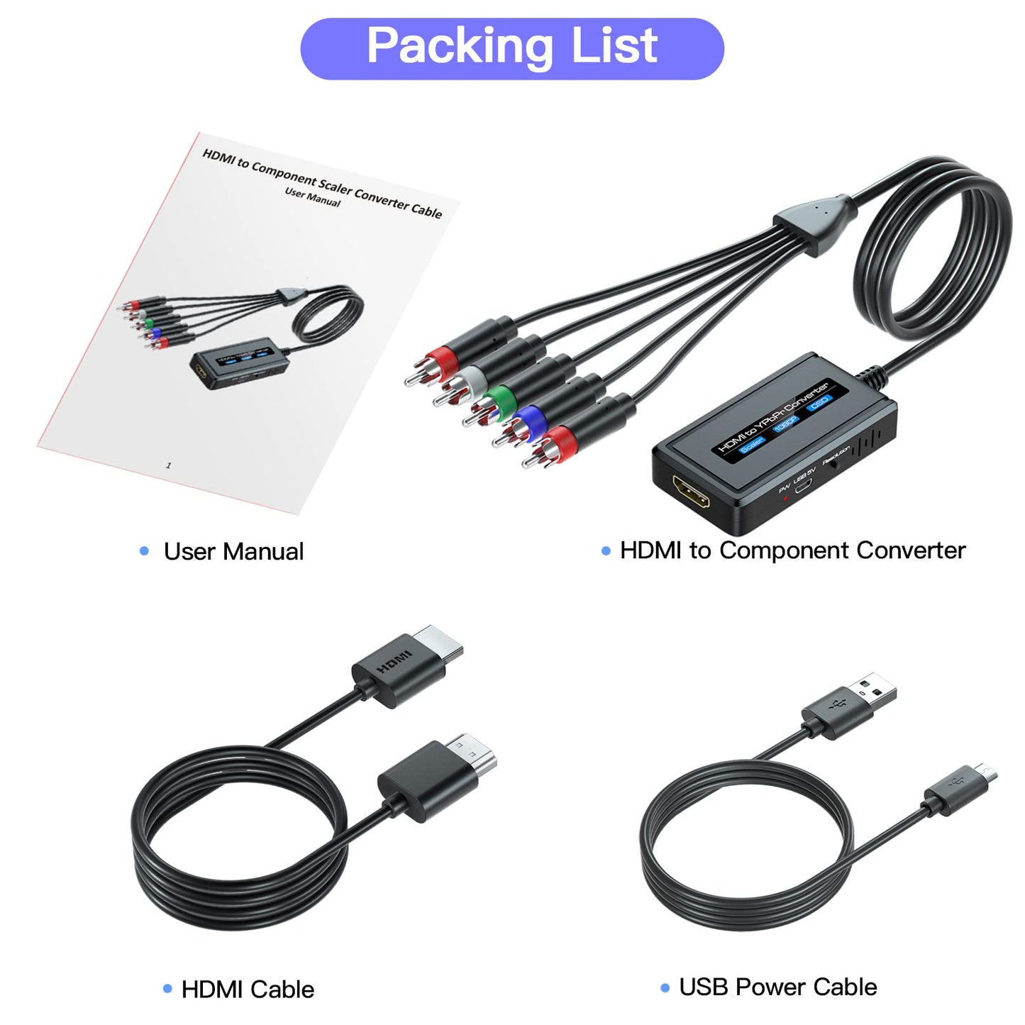 Cable convertidor HDMI a componente con función de escalador, convertidor escalador HDMI a YPbPr de 1080 p compatible con entrada HD 1080i para televisores antiguos
