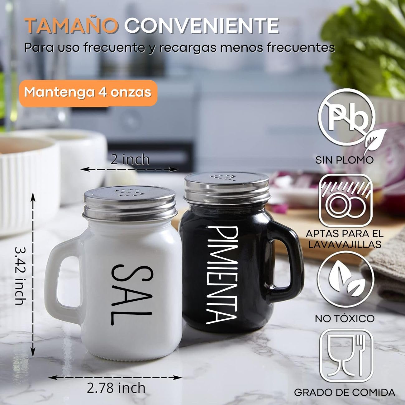 Juego de Salero y Pimentero U Chef blanco y negro Vidrio con Tapas de Acero Inoxidable para Cocina y Bodas