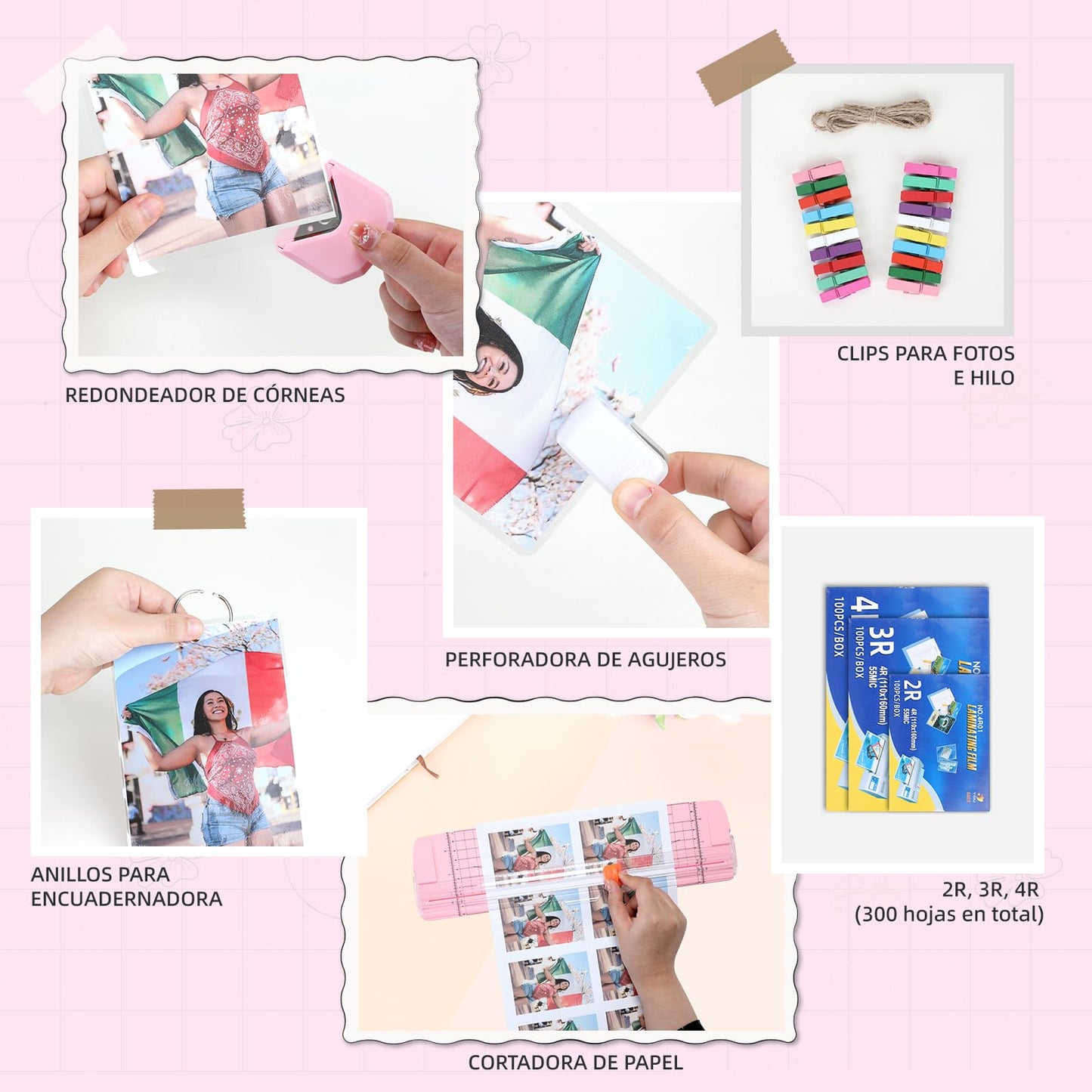 GirlsHome Plastificadora Térmica, 8 en 1 Plastificadora con 300 Hojas de Plastificado, Plastificadora Térmica/Frio/Foil， Laminadora Enmicadora Térmica (Rosado)