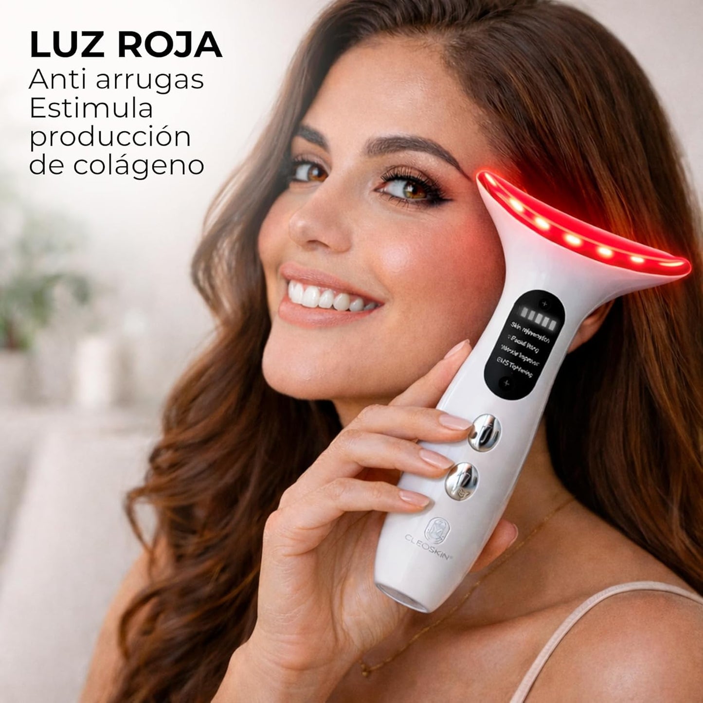 CLEOSKIN Kit Masajeador de Cuello con Fototerapia LED y EMS | Incluye 3 Serums Faciales (Vitamina C, Ácido Hialurónico con Niacinamida y Oro 24K, 30 ml c/u) | Antiedad, Hidratante y Reafirmante