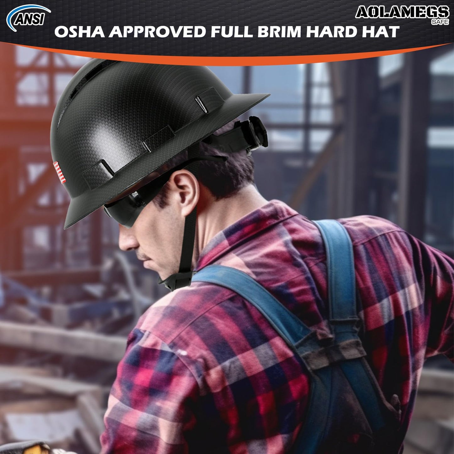Casco de ala completa de fibra de carbono negro mate con gafas de seguridad y forro para hombres y mujeres, OSHA para construcción, seguridad con correa de barbilla y visera solar, perfil bajo