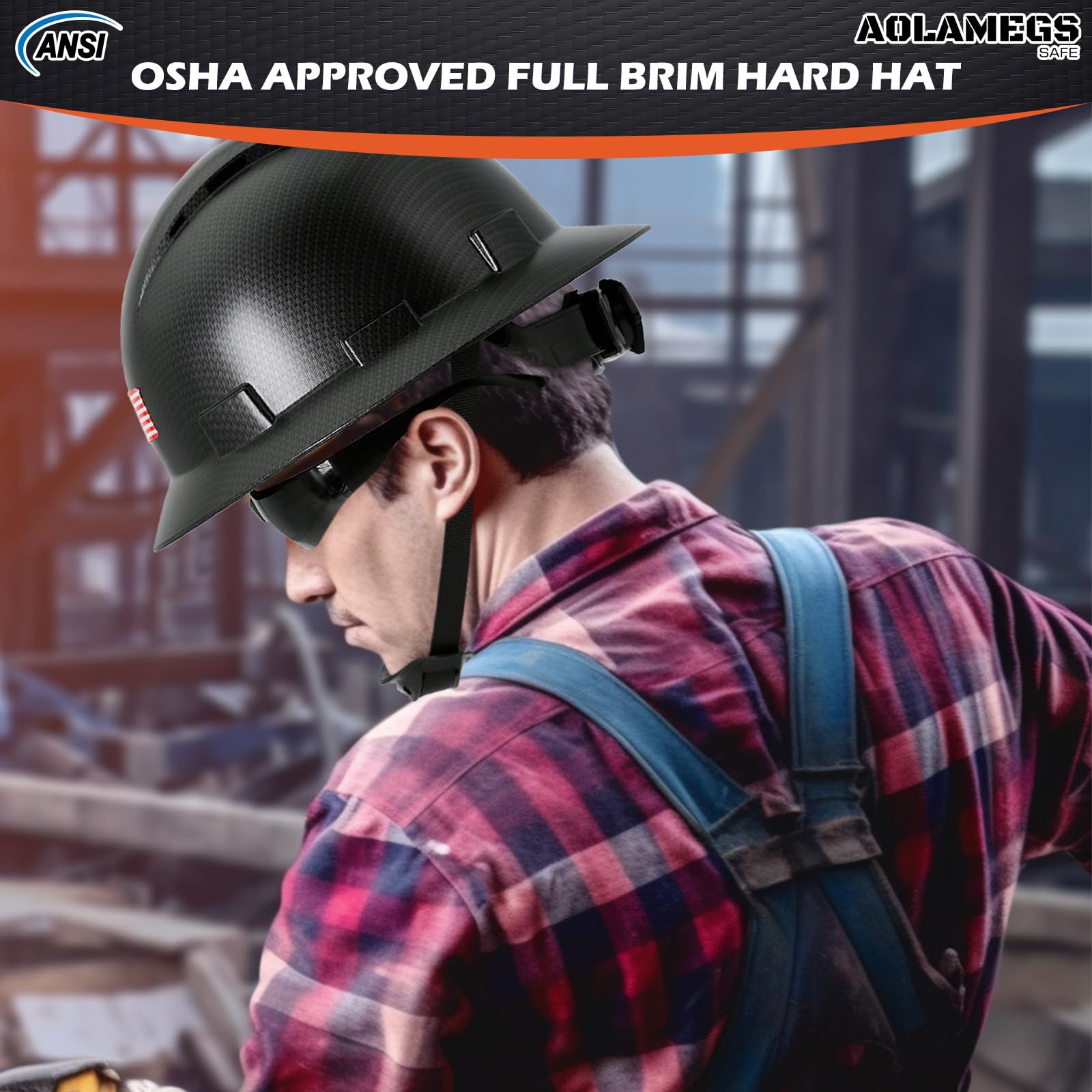 Casco de ala completa de fibra de carbono negro mate con gafas de seguridad y forro para hombres y mujeres, OSHA para construcción, seguridad con correa de barbilla y visera solar, perfil bajo