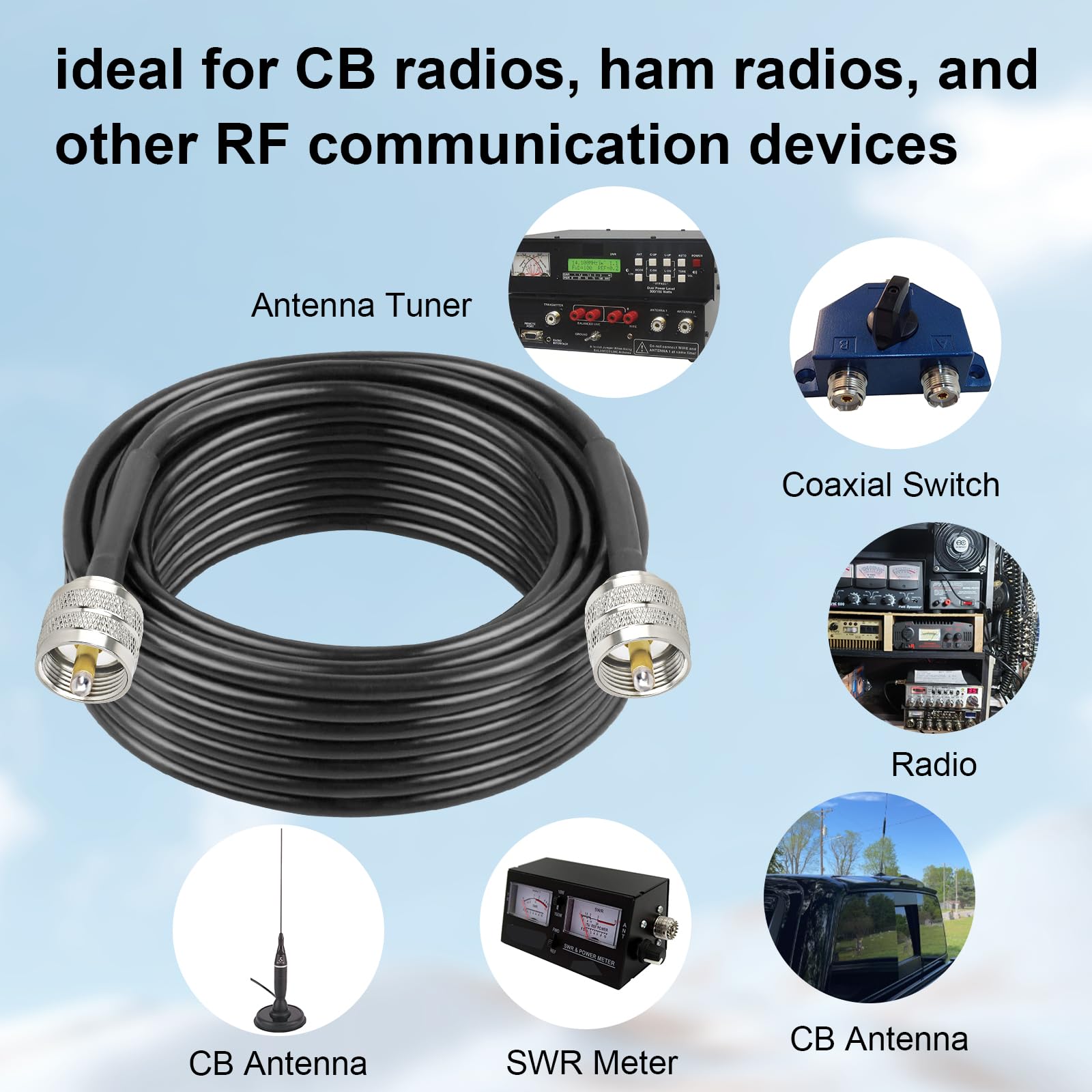 XRDS -RF RG58 Cable Coaxial CB 15.24 m, 50 Ohm con Conectores Macho UHF PL-259 – Cable Coaxial Flexible y Duradero para Radio CB, Radio Ham, Antena, Medidor SWR, SDR