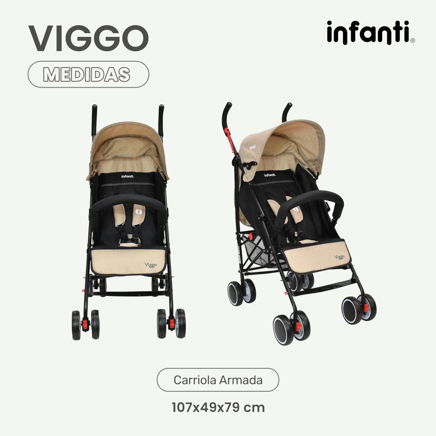 INFANTI | Carriola para Bebe VIGGO - Beige | Carriola de Viaje - Carrito para Bebe | Cosas para Bebes 6 Meses hasta 20 kg - Compacta y Plegable | Carriola con Toldo extensible y Arnés de Seguridad
